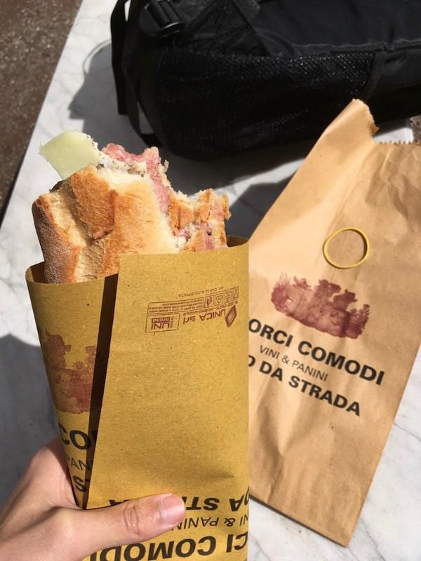 午餐意大利的特色小吃panini，€6，应该算是一种三明治，面包硬得跟木头一样，里面夹的是生火腿