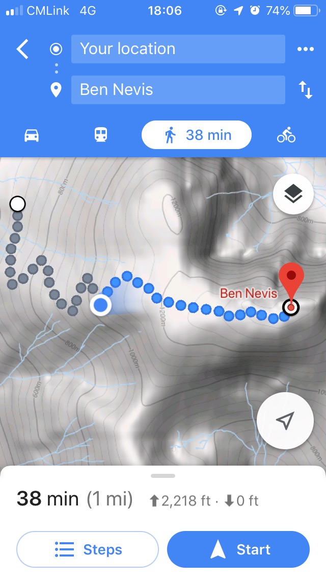 最后一英里，Ben Nevis山上4G信号出奇地好，并且Google Map的导航非常准