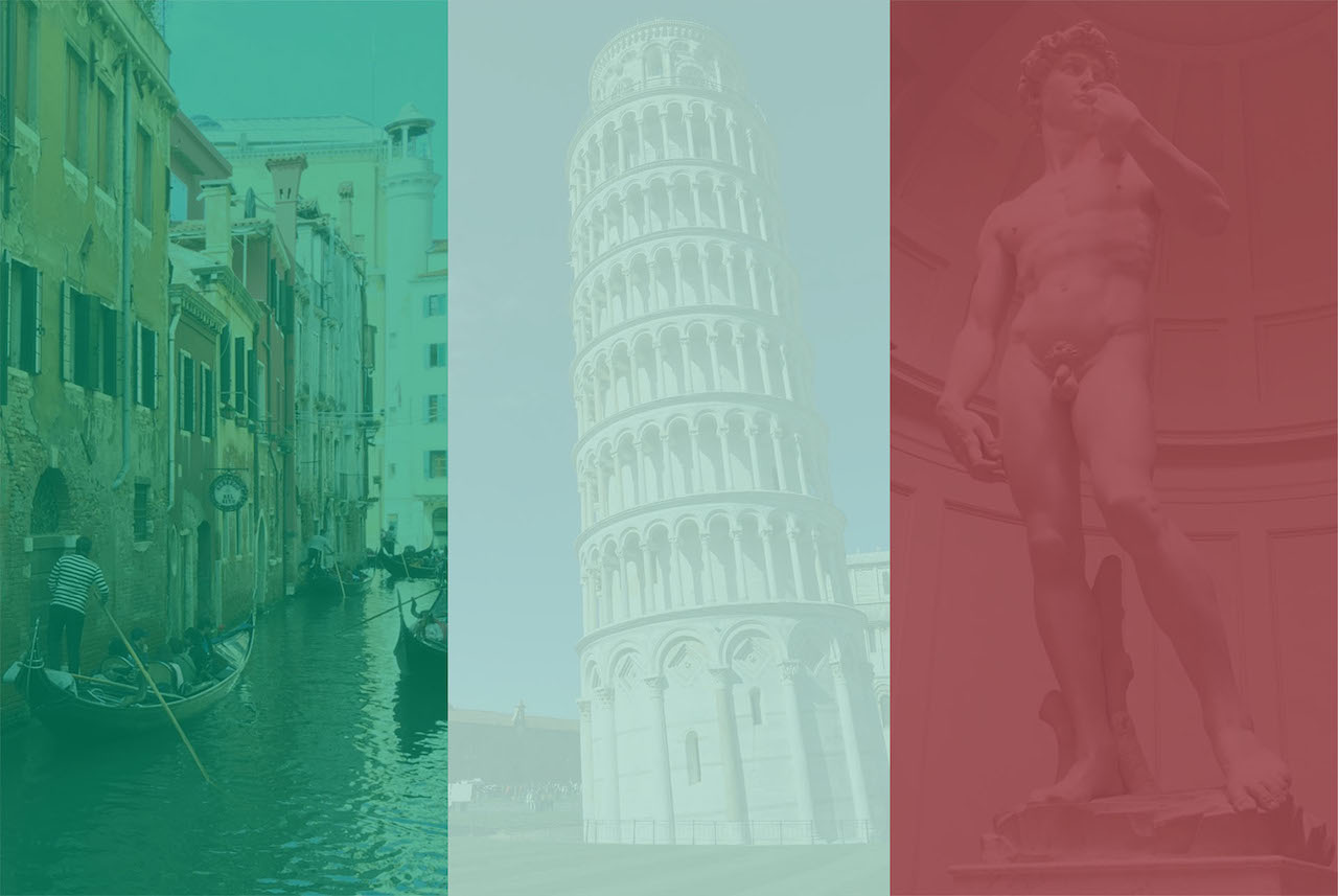 意大利 从左到右依次是威尼斯、比萨斜塔和米开朗基罗的大卫雕像