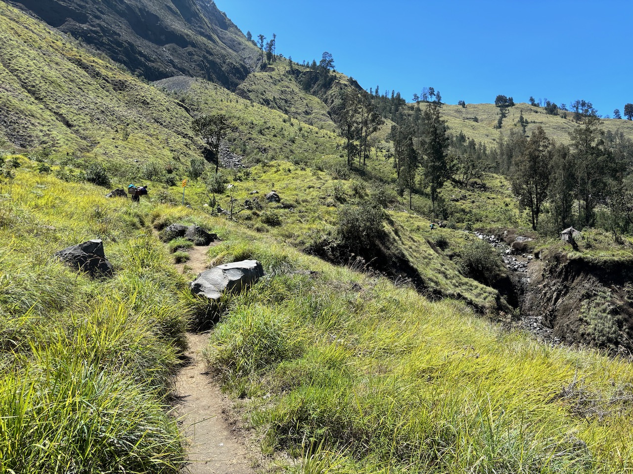 离开大本营，一路下山去湖边